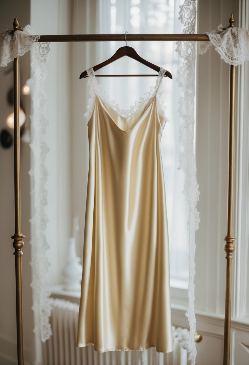 A simple, elegant satin slip dress hangs on a vintage clothes rack, surrounded by soft lighting and delicate lace accents