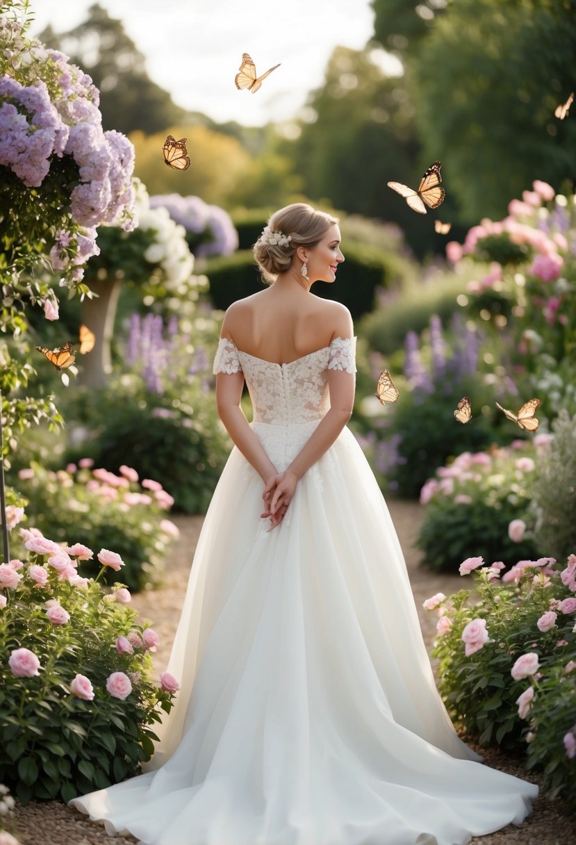 A bride in a whimsical garden, wearing an off-the-shoulder wedding dress, surrounded by blooming flowers and fluttering butterflies