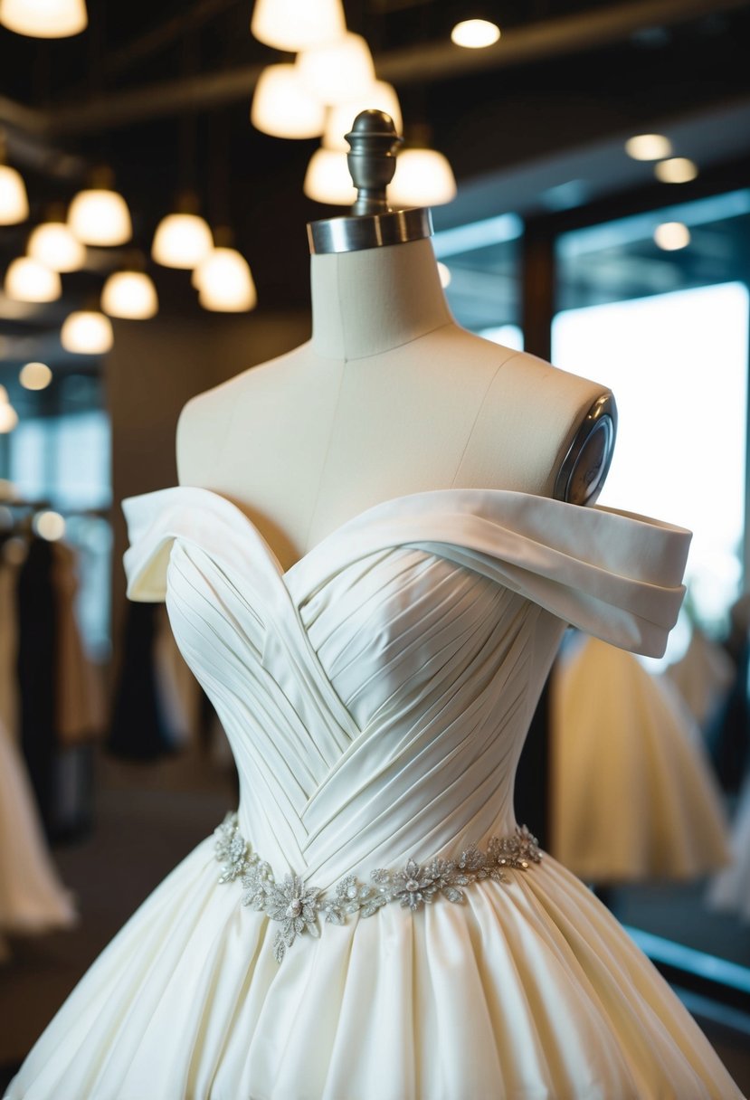 An elegant off-the-shoulder 1950s style wedding dress displayed on a vintage mannequin