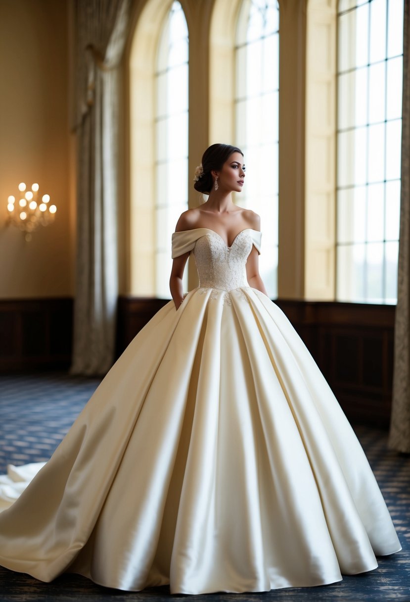 A bride stands in a grand ballroom, wearing a luxurious off-the-shoulder satin wedding gown with a full skirt and intricate detailing. The soft fabric drapes elegantly as she gazes out a large window