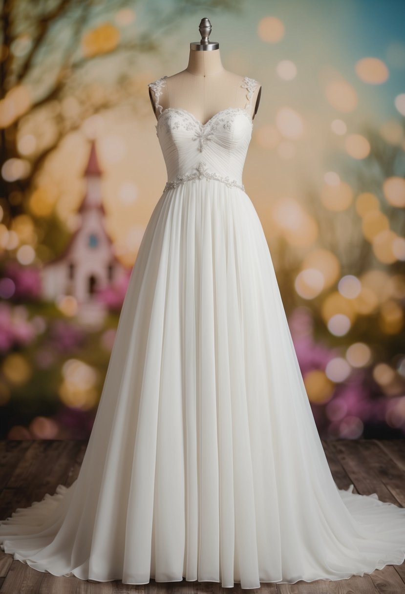 A flowing, floor-length 1950s style wedding dress with a sweetheart neckline and delicate lace detailing, set against a whimsical fairytale backdrop