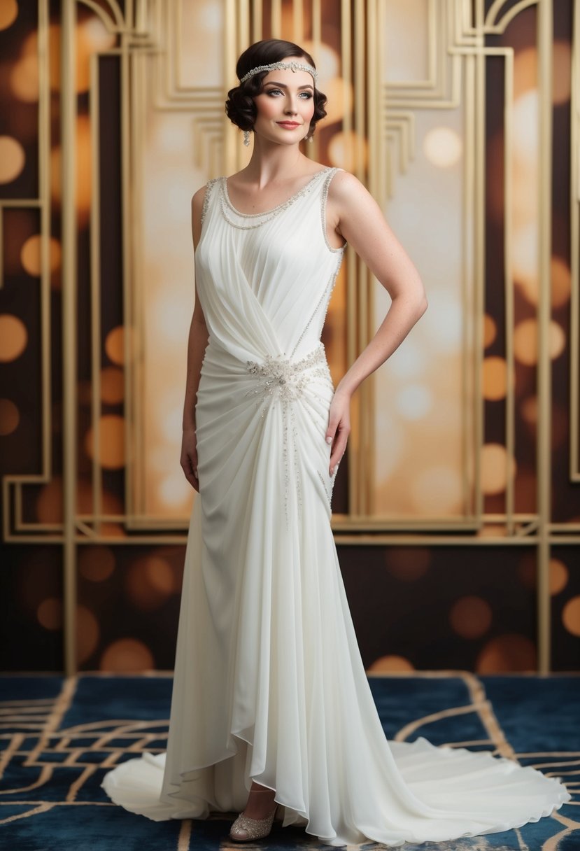 A bride in a 1920s-style wedding dress, with a dropped waist, beaded details, and a flowing skirt, standing in front of an art deco backdrop