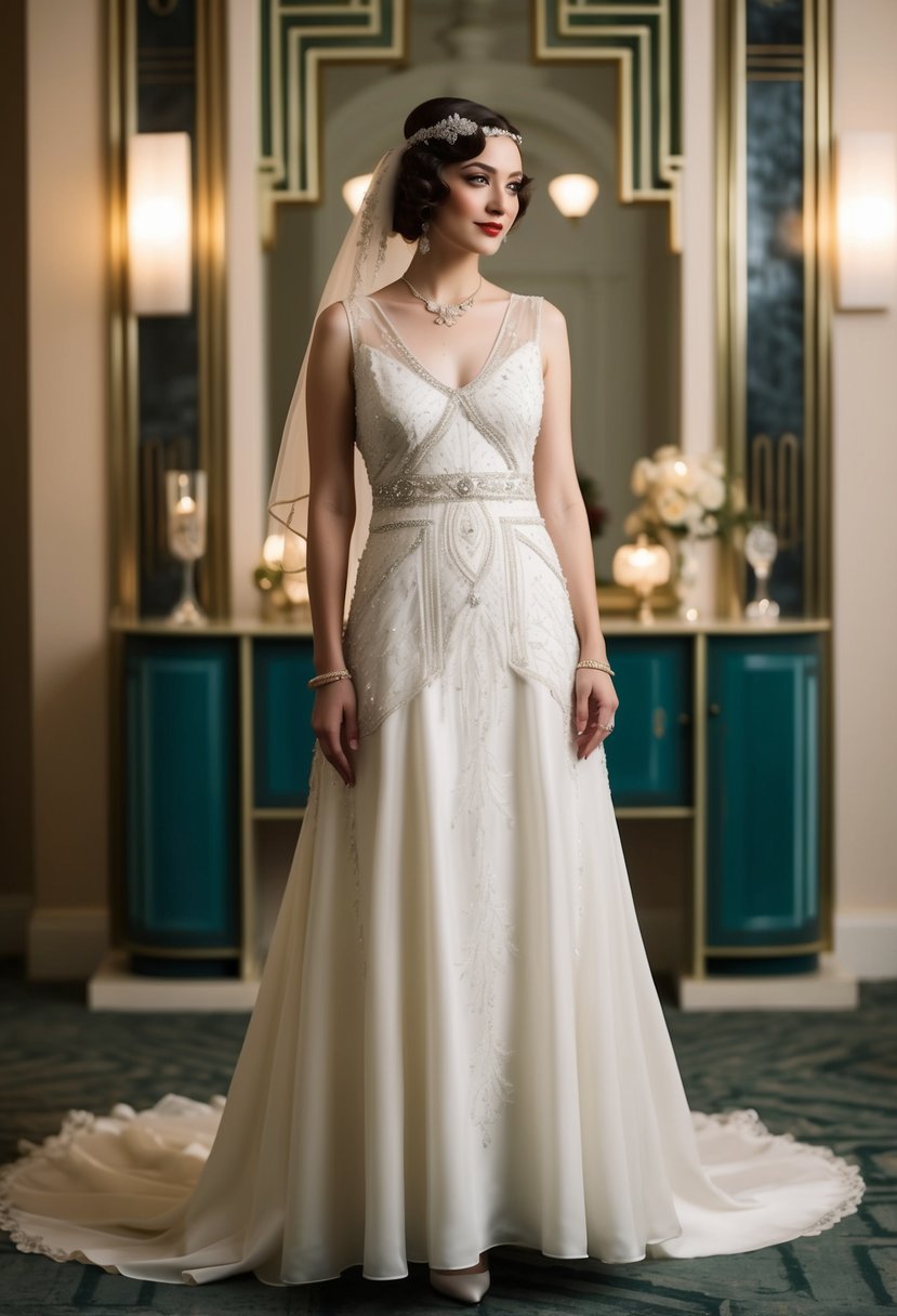 A pear-shaped bride in a 1920s-style A-line gown, adorned with lace and beading, stands in a vintage-inspired wedding setting with art deco details