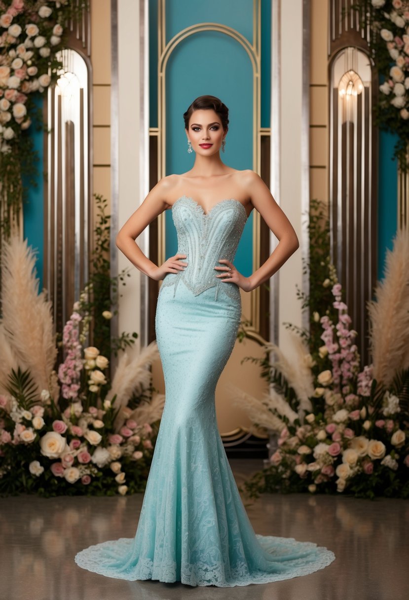 A mermaid dress with lace and beading, tailored to accentuate an hourglass figure, set against a backdrop of art deco architecture and vintage floral arrangements