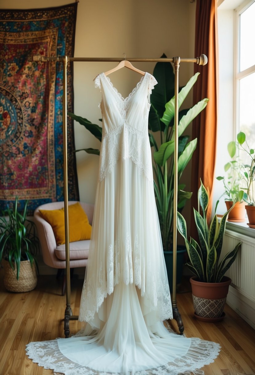 A flowing, lace-trimmed 1920s-style wedding dress hangs on a vintage coat rack in a sunlit bohemian-inspired room with colorful tapestries and potted plants