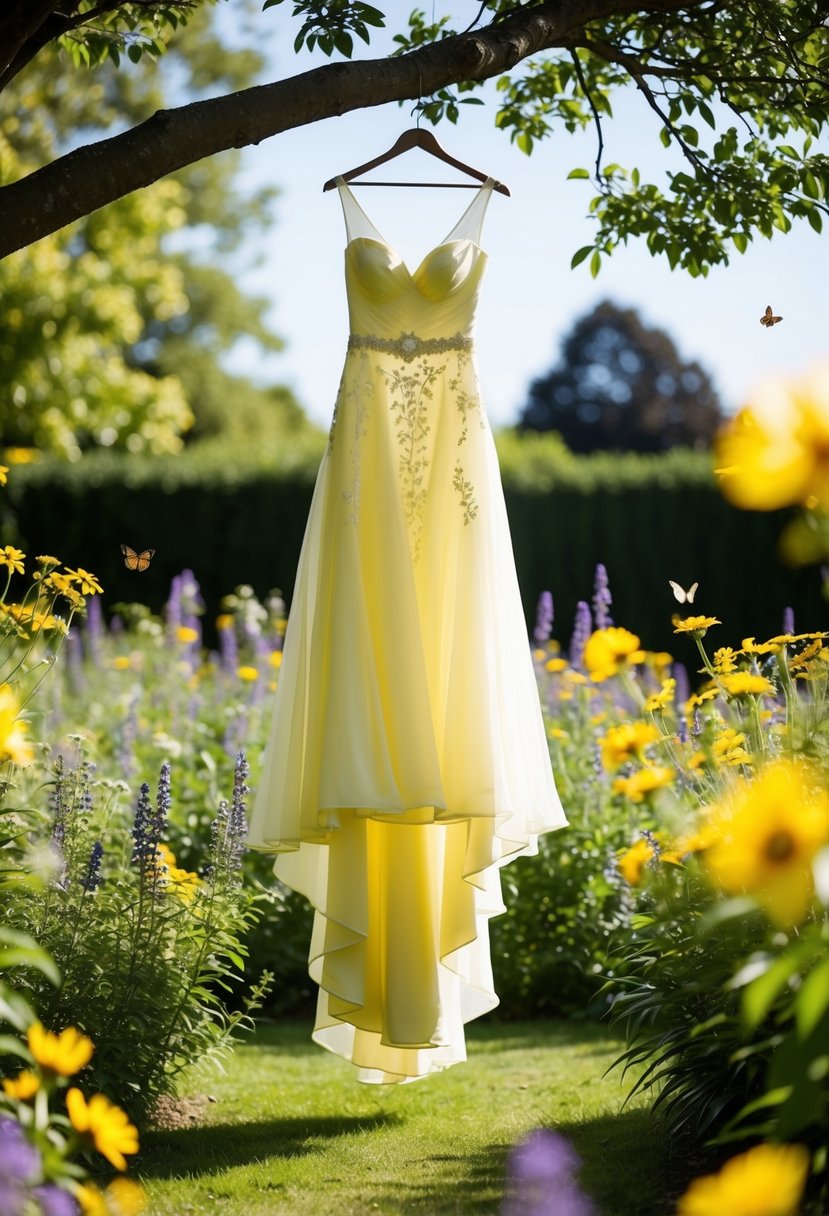 A sunny garden with a flowing yellow wedding dress hanging from a tree branch. Wildflowers and butterflies surround the dress