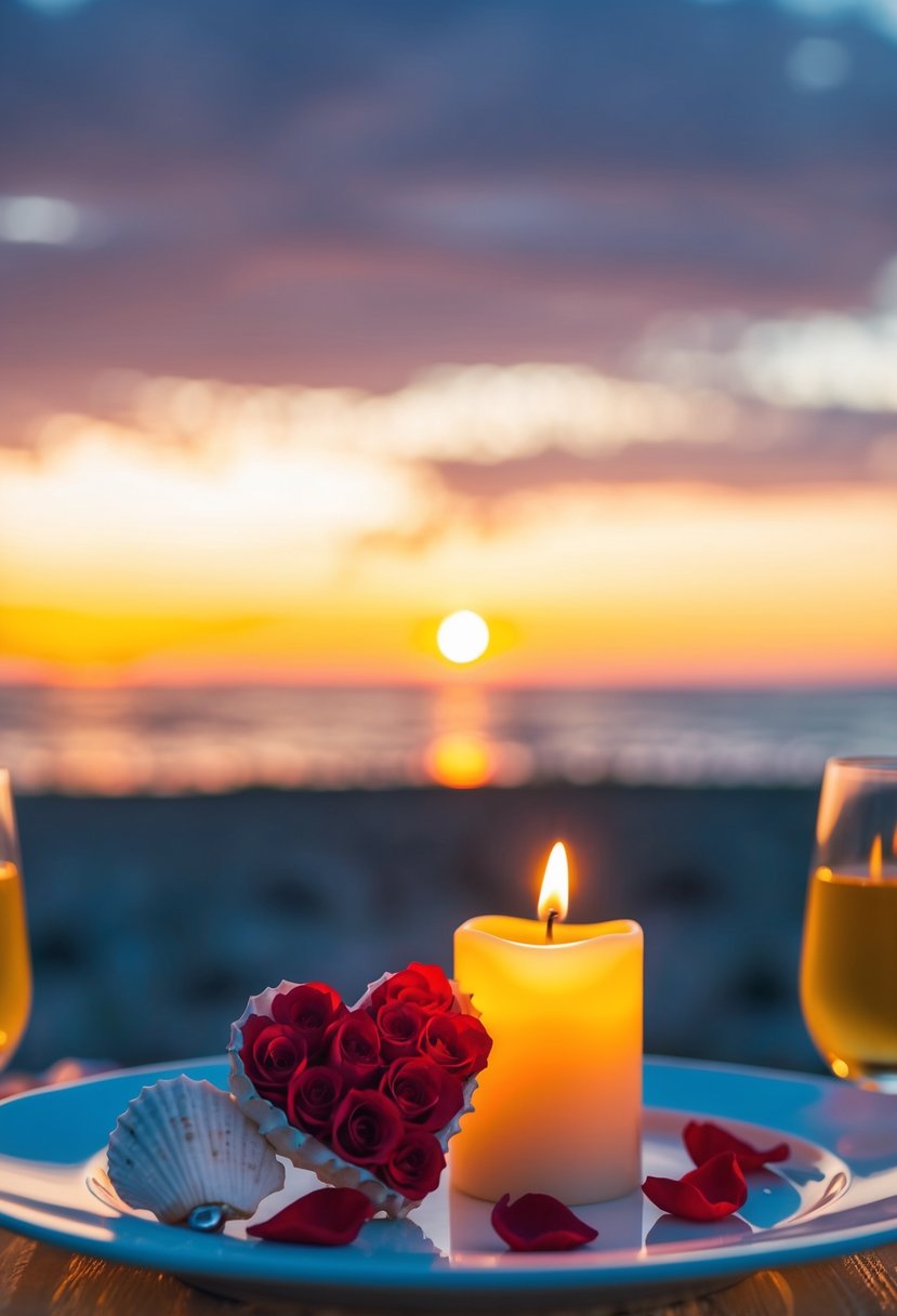 A candlelit dinner on a beach at sunset, with a heart made of rose petals and a ring hidden in a seashell