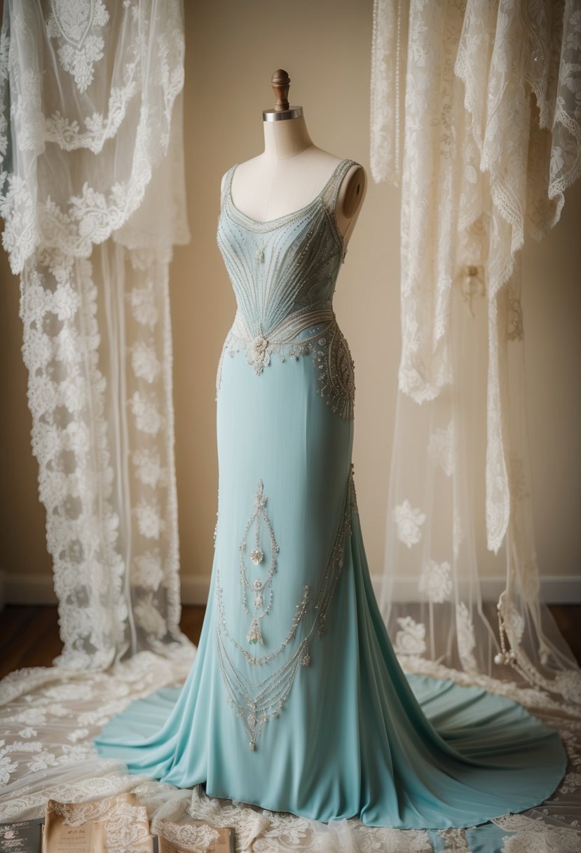 An elegant Edwardian-style vintage gown displayed on a mannequin, surrounded by delicate lace and beaded fabric swatches