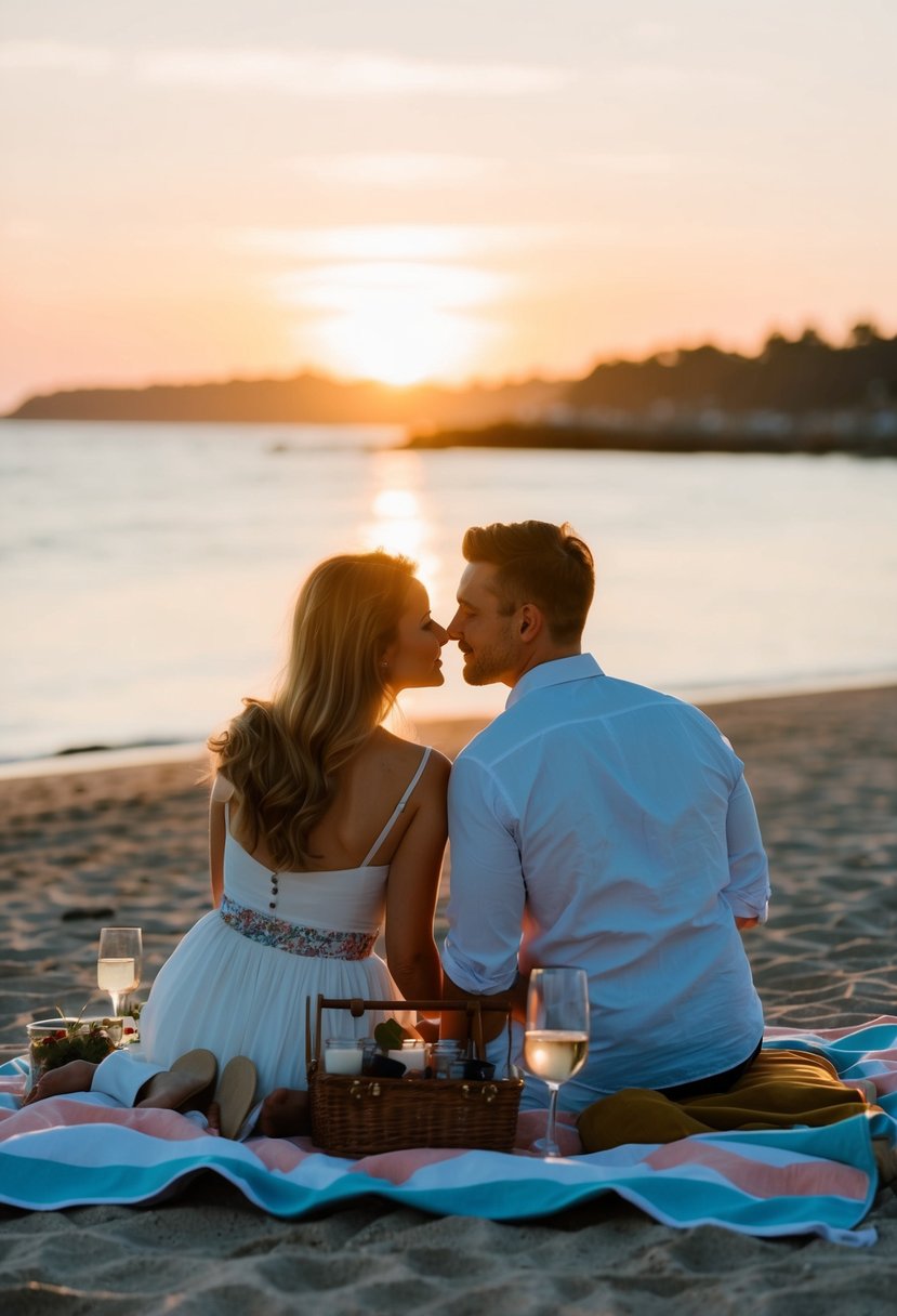 A couple sits on a beach blanket with a picnic spread as the sun sets, creating a romantic atmosphere for a wedding proposal