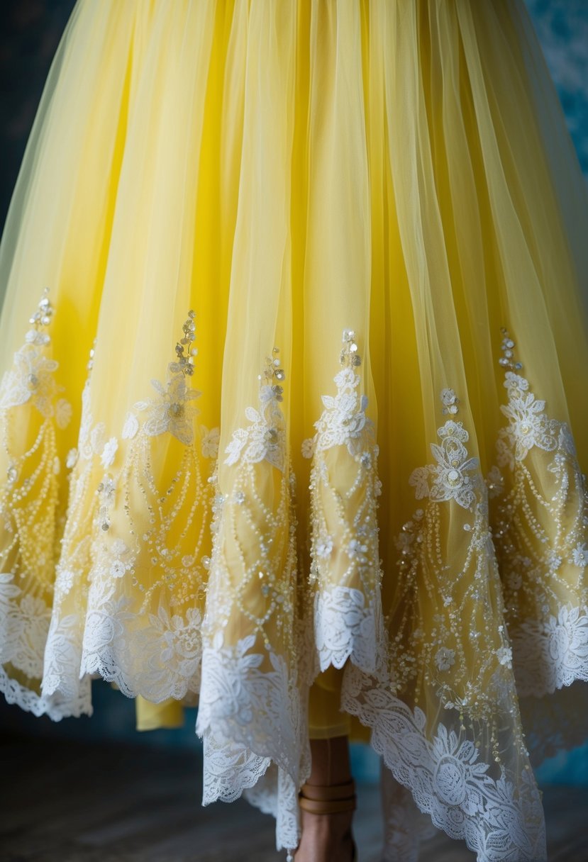 A lemon tulle skirt cascades down, adorned with delicate lace and shimmering beads, creating an elegant and ethereal yellow wedding dress