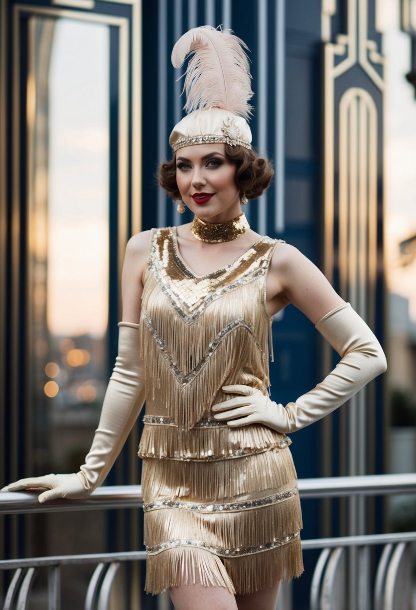 A flapper-style jumpsuit in metallic gold, adorned with fringe and sequins, paired with a feathered headpiece and long gloves, set against a backdrop of art deco architecture