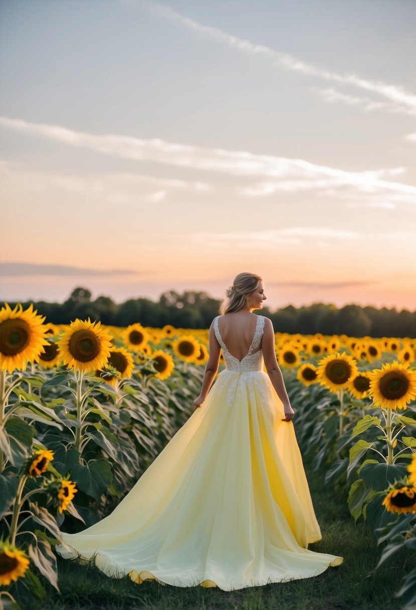 A sunflower field at golden hour, with a flowing A-line yellow wedding dress billowing in the breeze