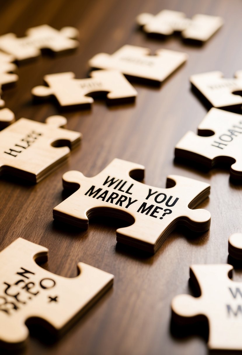 A personalized puzzle scattered on a table, with the last piece missing, revealing the question "Will you marry me?"