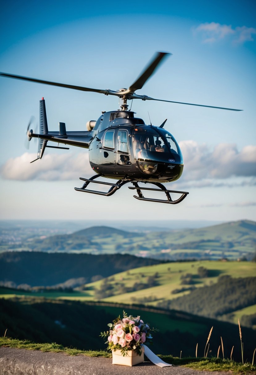 A helicopter hovers over a picturesque landscape, with a ring box and a bouquet of flowers placed on the seat