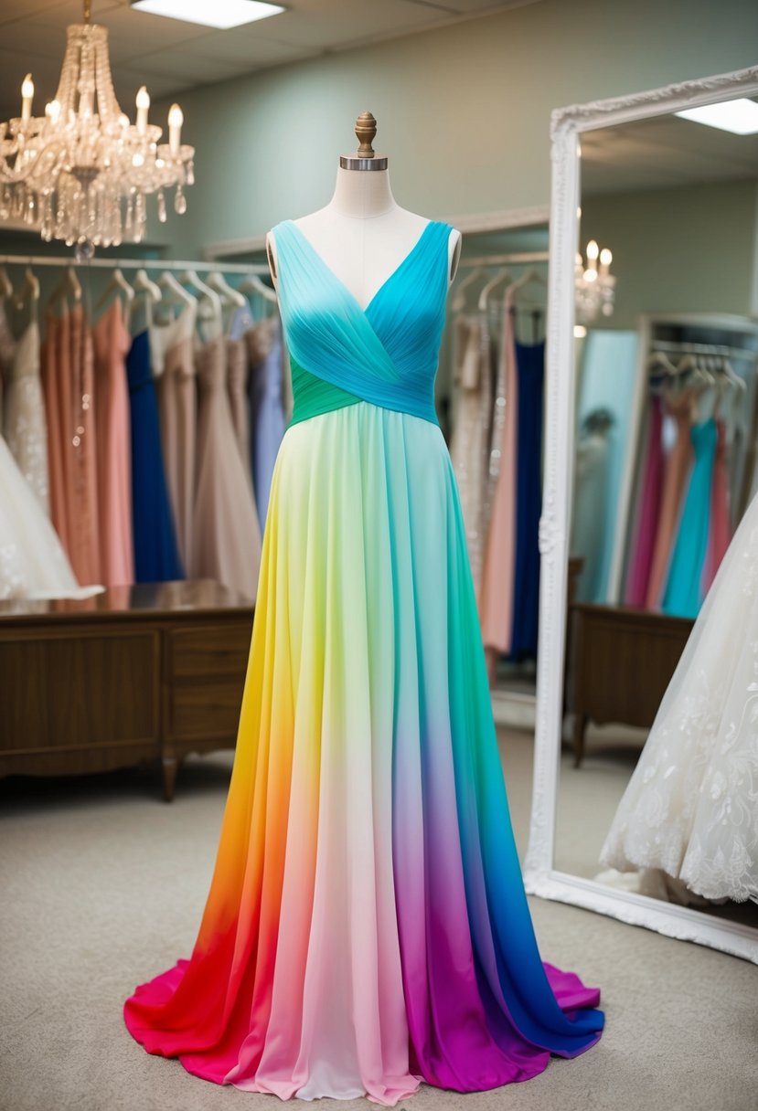 A mannequin adorned in a flowing rainbow ombre dress, reminiscent of 1920s glamour, stands in a vintage-inspired bridal boutique