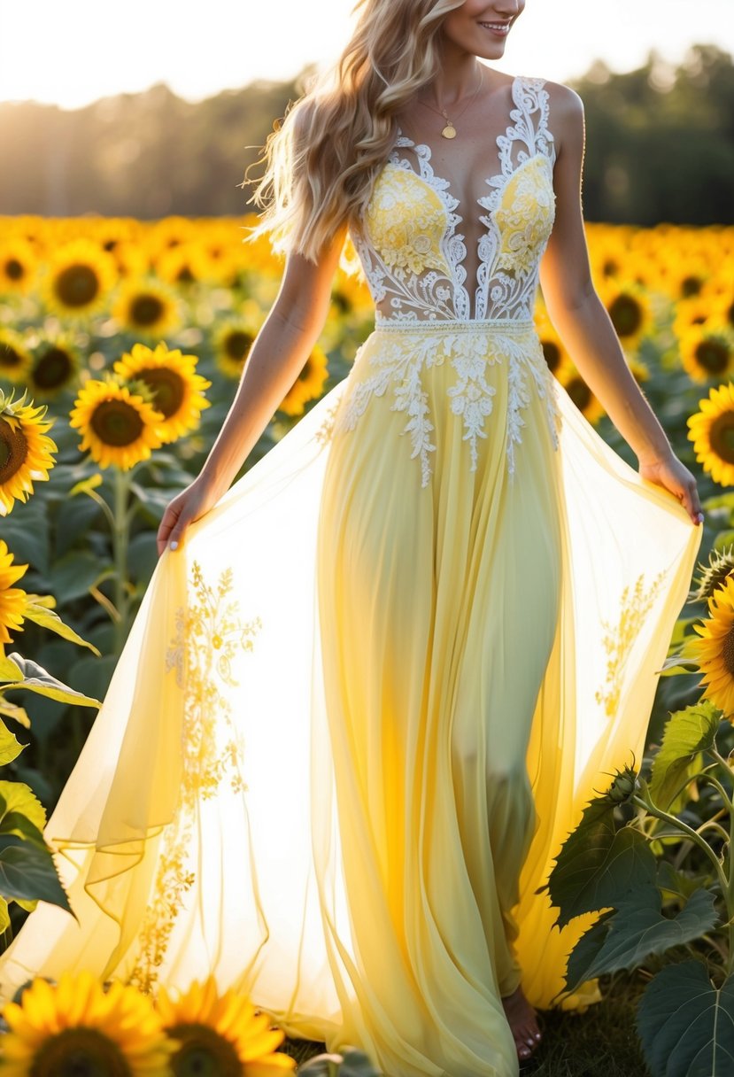 A flowing yellow wedding dress with intricate bohemian lace details, surrounded by sunflowers and draped in golden sunlight