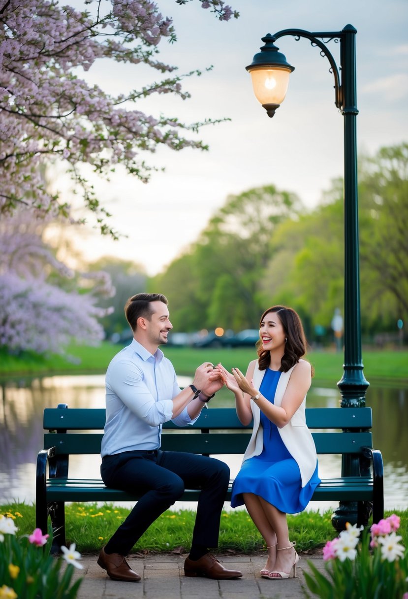 A couple sits on a park bench under a twinkling streetlight, surrounded by blooming flowers and a serene pond. The man holds out a ring to the woman, who looks surprised and overjoyed