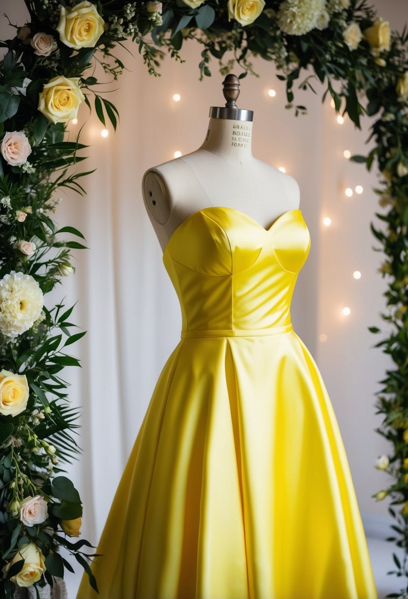 A canary yellow satin wedding dress on a mannequin, surrounded by floral arrangements and soft lighting