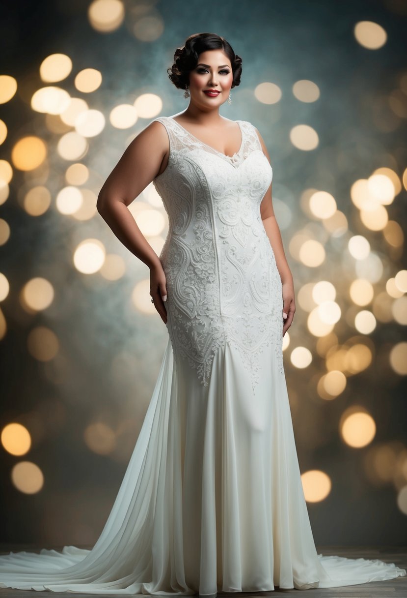 A full-figured woman in a 1920s style wedding dress stands with a trumpet silhouette, with flowing fabric and intricate lace details