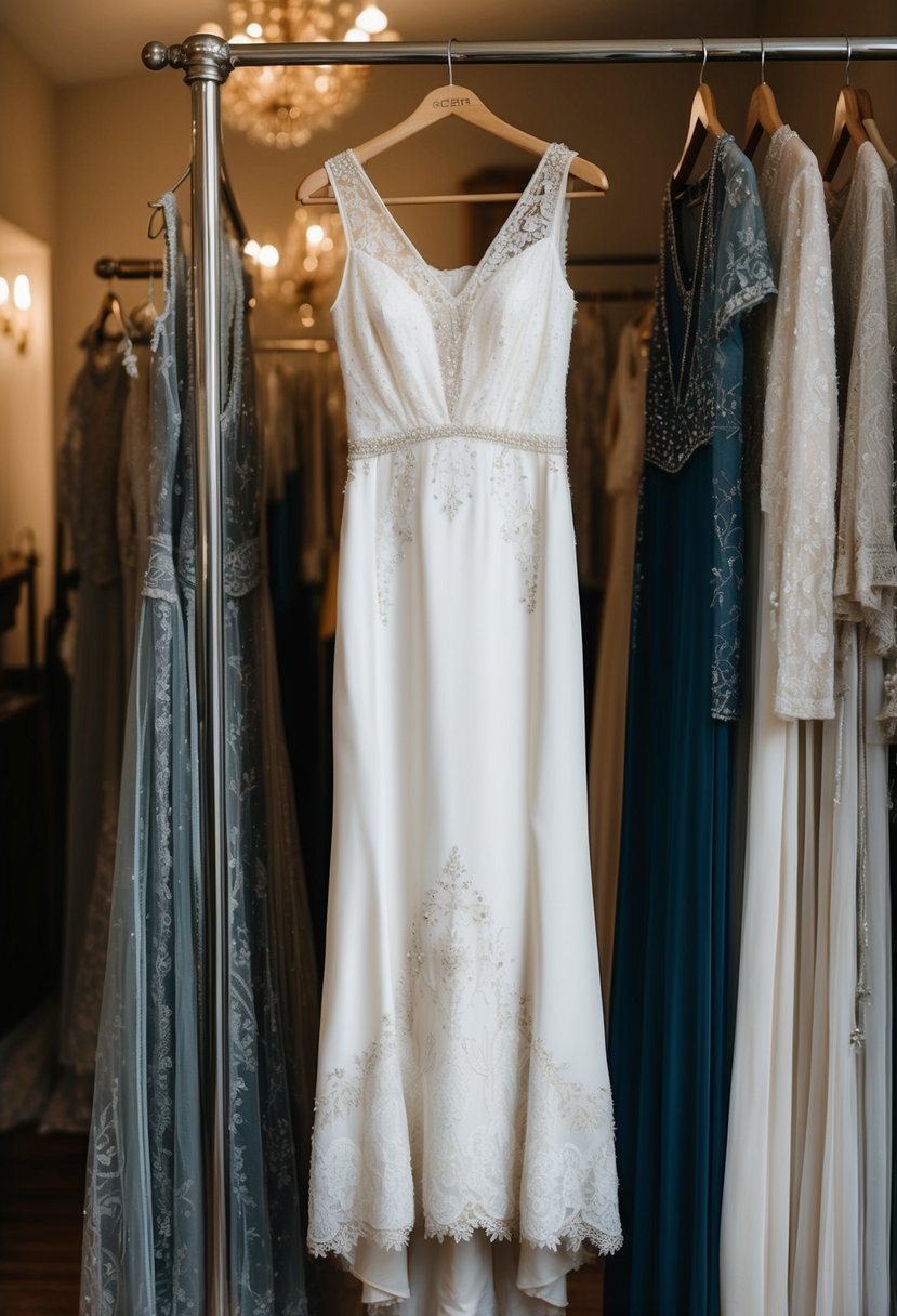 A 1920s style wedding dress hangs on a vintage clothing rack, showcasing its fit-and-flare sheath silhouette with delicate lace and beading details