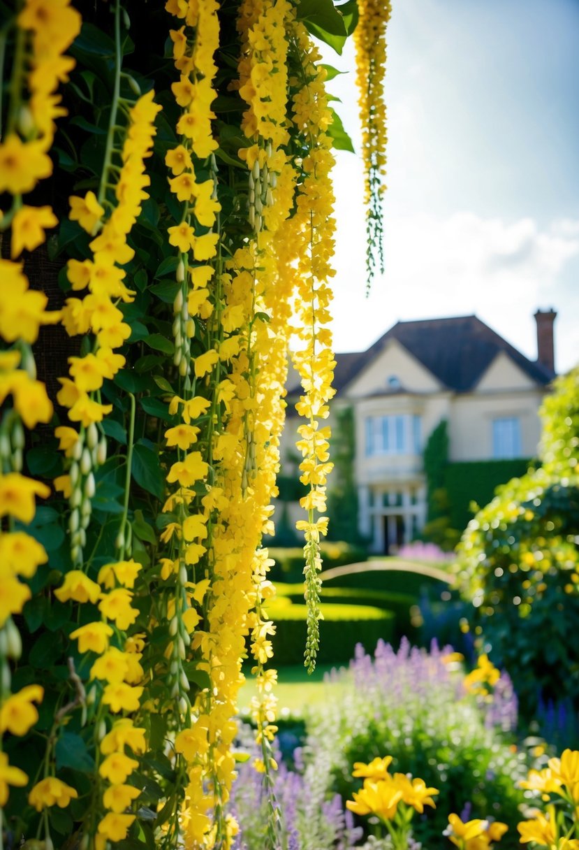 A sunlit garden with cascading yellow flowers and vintage decor, with a manor in the background