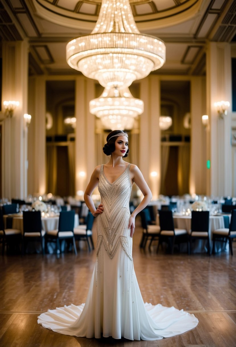 A grand ballroom with art deco details, a chandelier, and a bride in a 1920s-inspired gown with a sleek silhouette and intricate beading