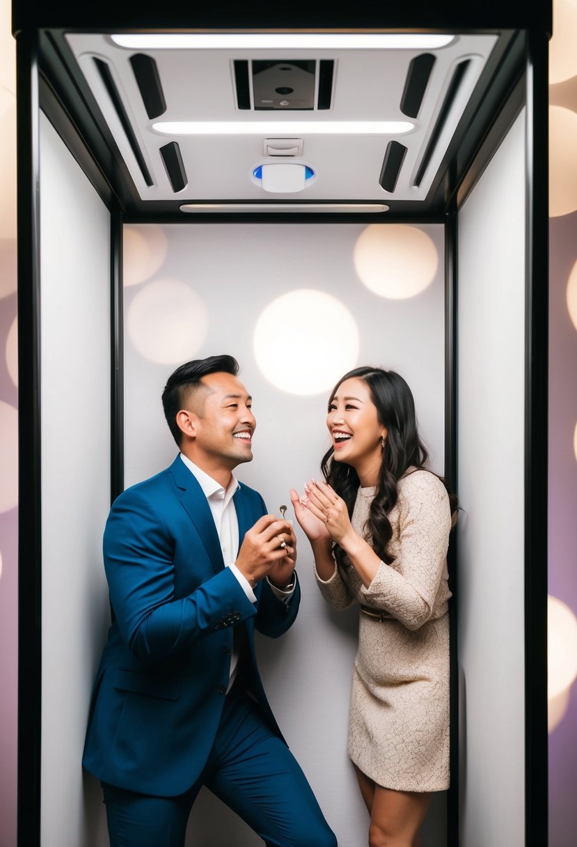 A couple inside a photo booth, the partner on one knee, holding out a ring, while the other looks on in joyful surprise