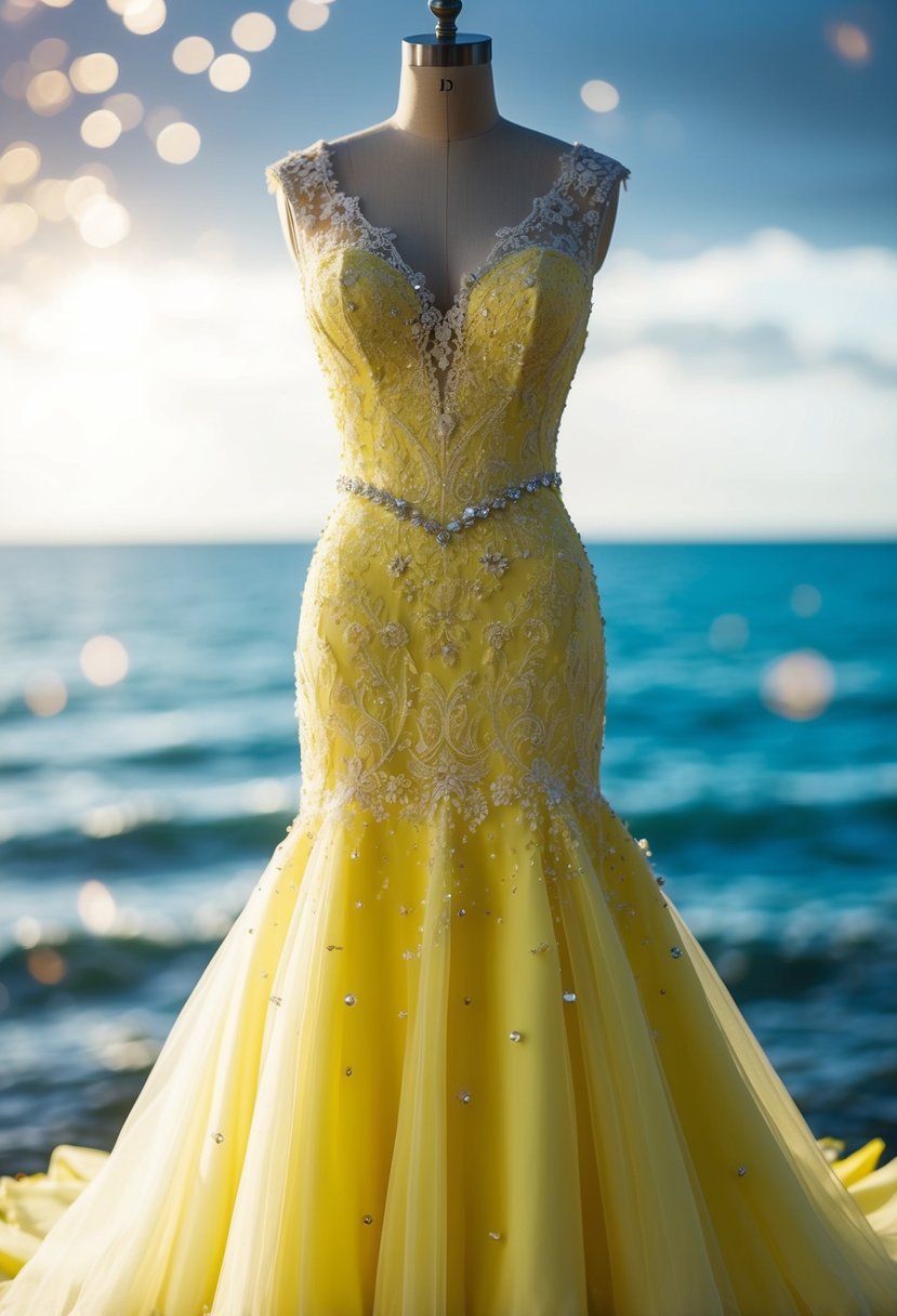 A daffodil mermaid delight wedding dress, adorned with delicate lace and shimmering beads, set against a backdrop of a sunlit ocean