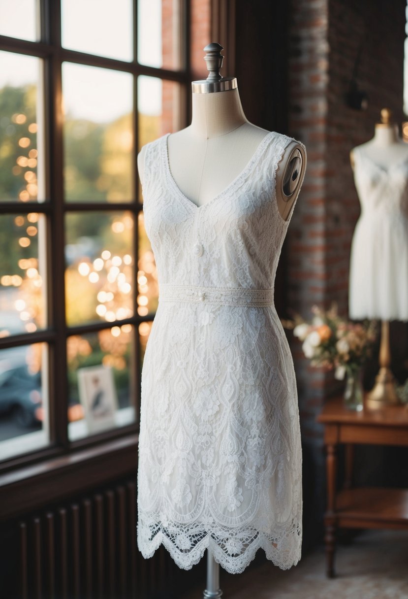 A lace 1920s style wedding dress displayed on a vintage mannequin