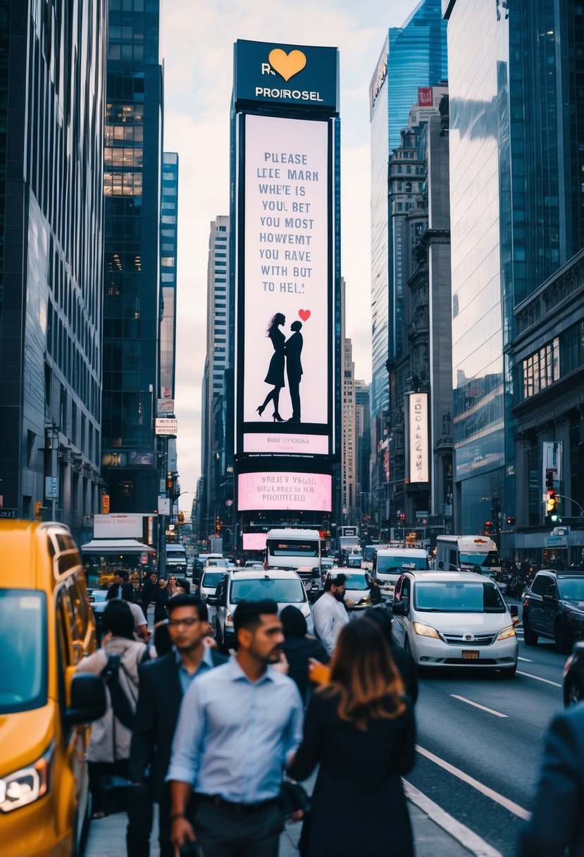 A bustling city street with a large billboard displaying a romantic proposal message, surrounded by bustling traffic and pedestrians