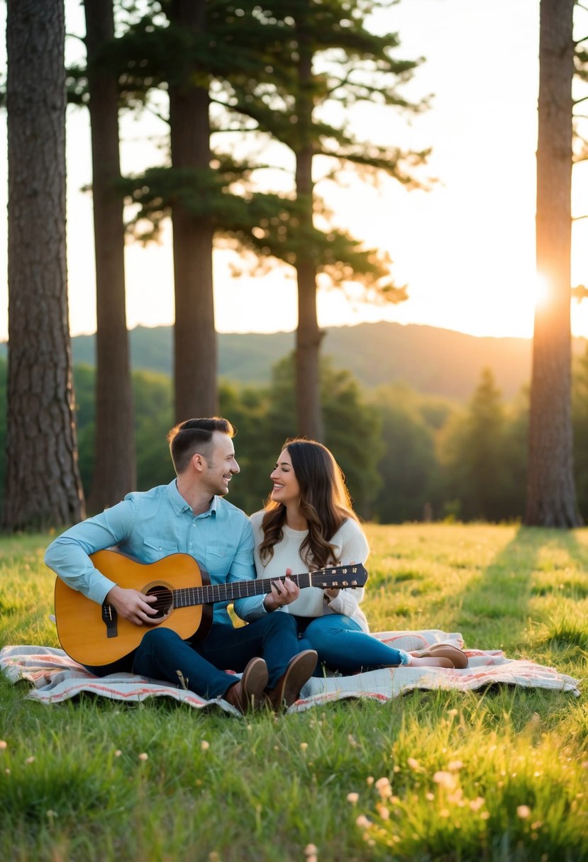 A couple sits on a blanket in a grassy clearing, surrounded by tall trees. The sun sets behind them as one person plays a guitar and sings a personalized song to the other