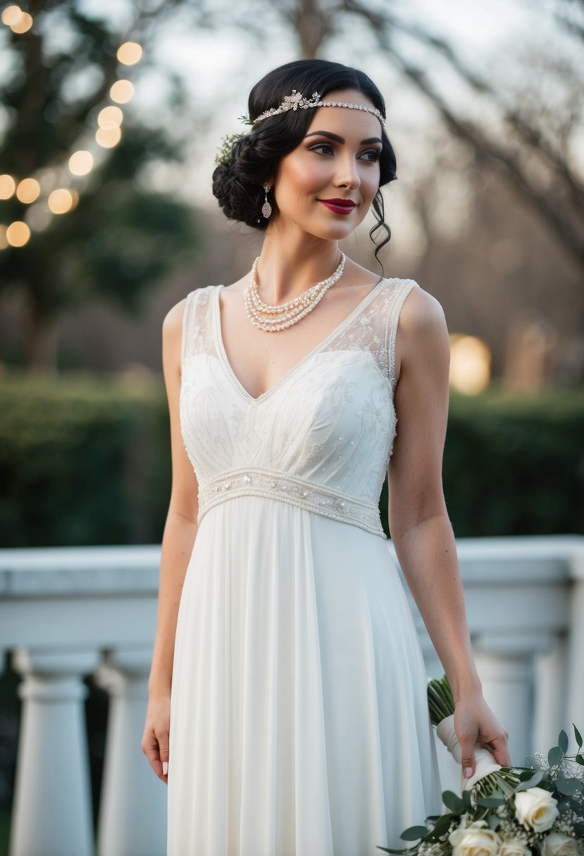 A bride stands in a 1920s style wedding dress, featuring an empire waist for elegance, with delicate lace and beading details