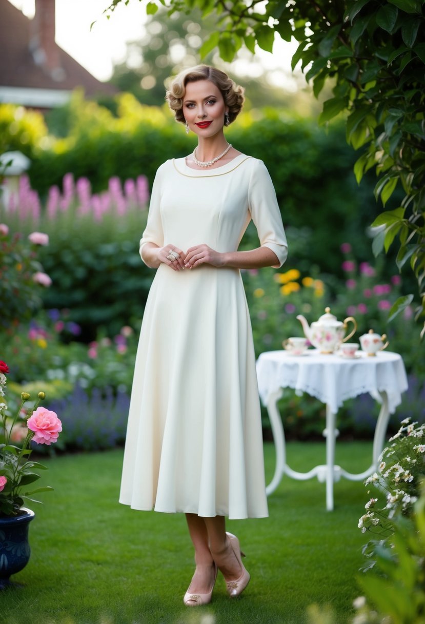 A woman in a tea-length dress stands in a 1920s-style garden, with a vintage tea set and flowers nearby