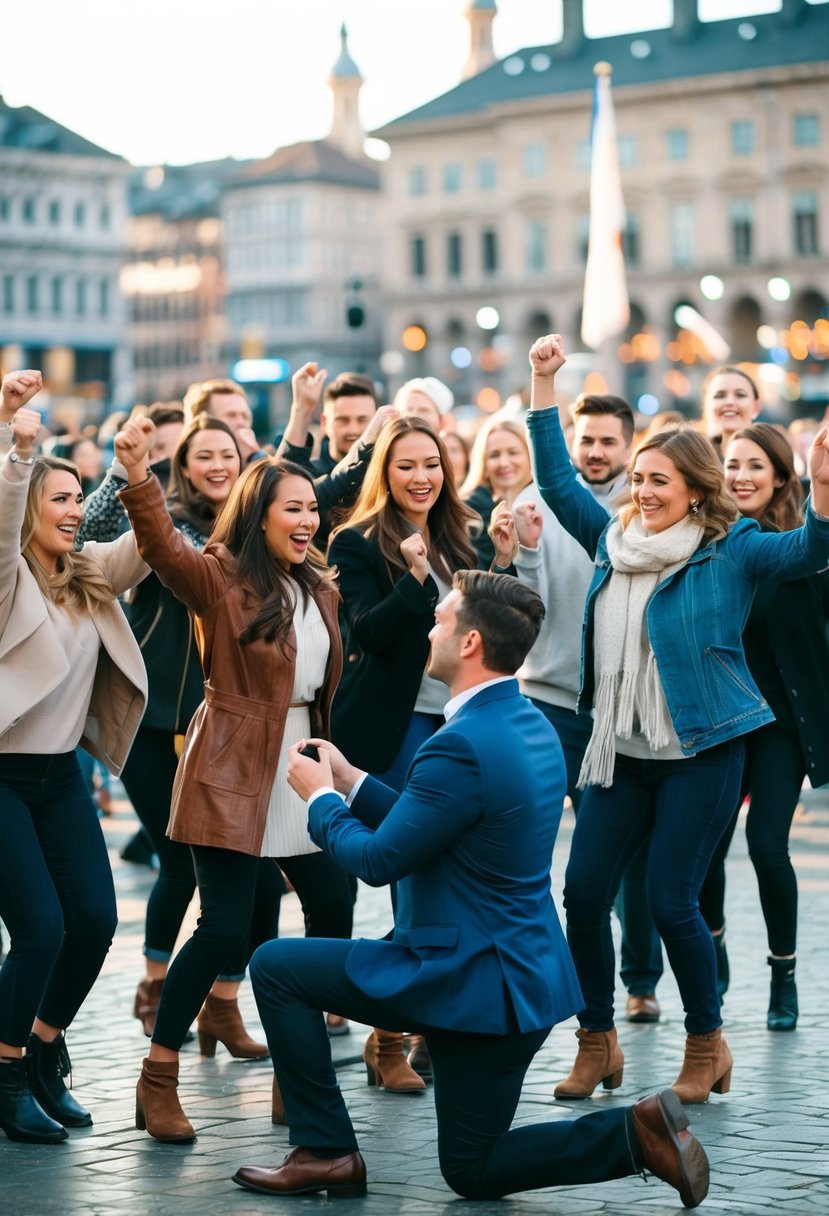 A crowd gathers in a public square, dancing and cheering. At the center, a person kneels with a ring, proposing to their partner