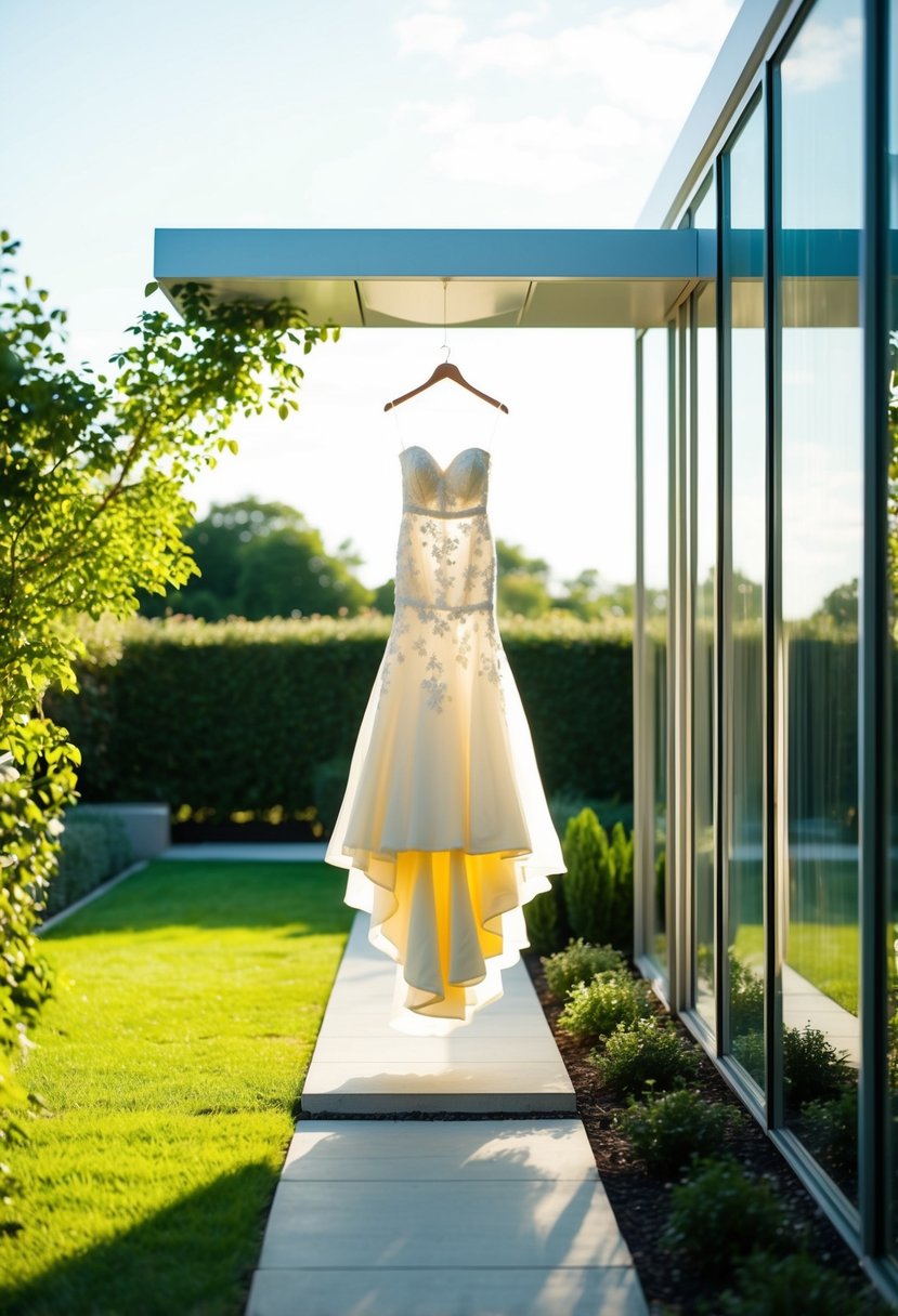 A sunlit garden with a flowing yellow wedding dress hanging from a sleek, modernist structure