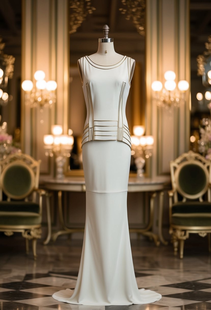 A sleek, minimalist column gown in 1920s style, with art deco details and a dropped waist, set against a backdrop of opulent vintage decor