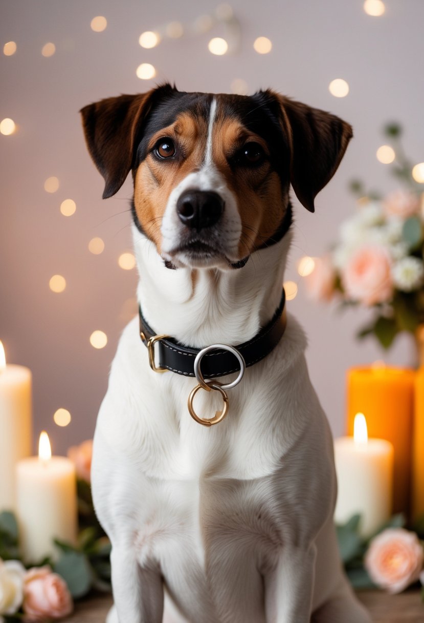 A dog with a ring attached to its collar, standing in front of a romantic setting with candles and flowers