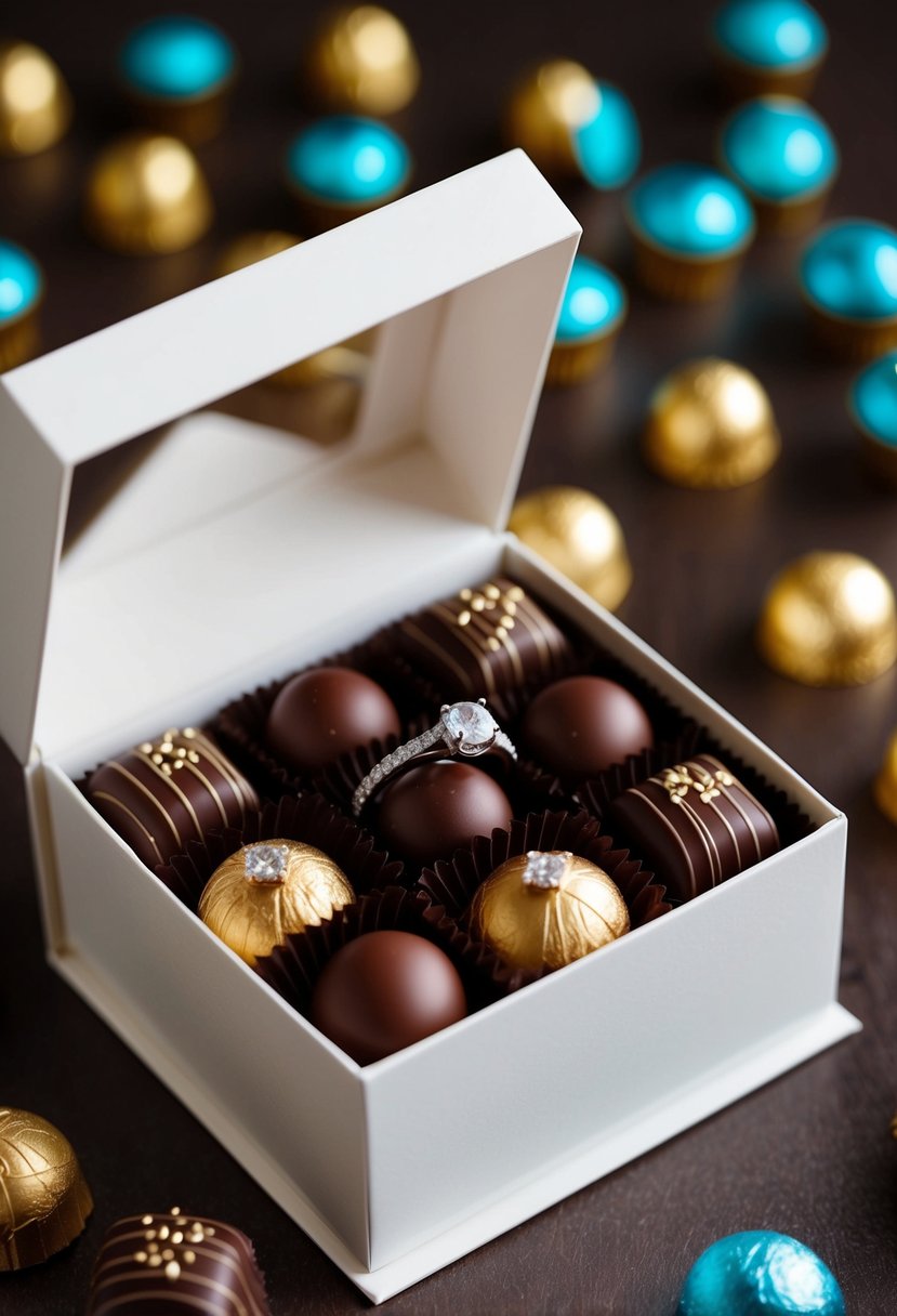 An open box of chocolates with an engagement ring nestled among the treats