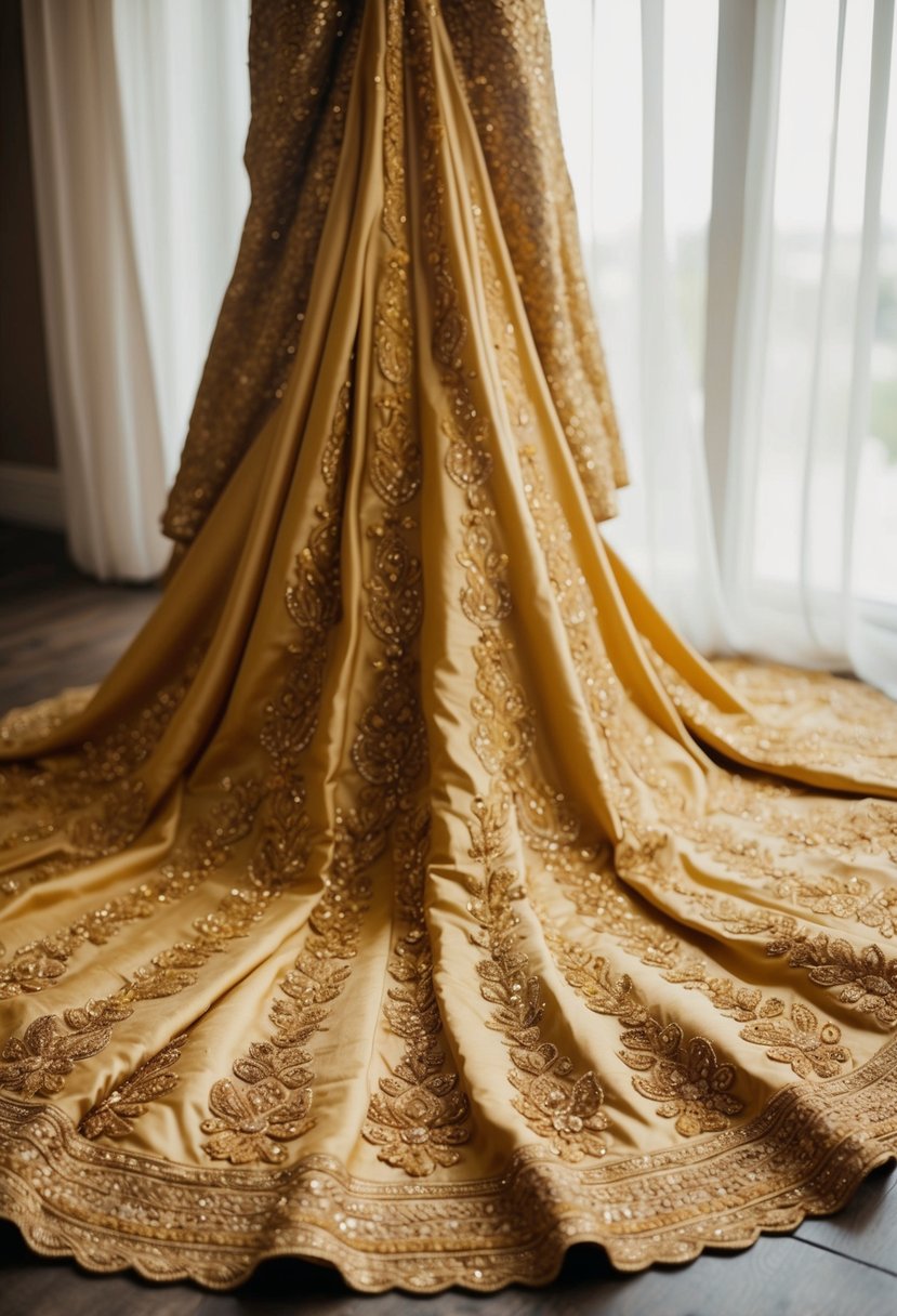 A golden wedding dress with intricate saffron embroidery cascading down the flowing fabric