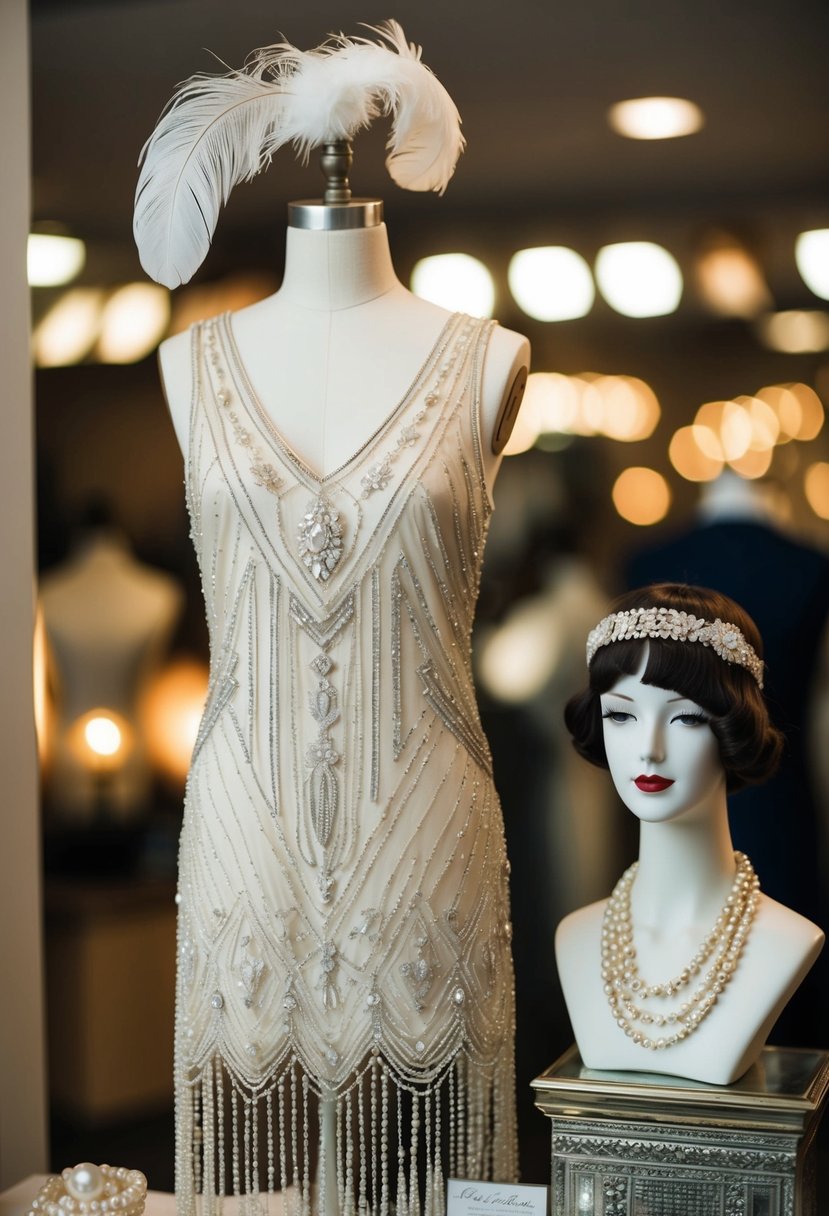 A vintage 1920s bridal set displayed on a mannequin, featuring a flapper-style beaded dress and a matching headband with feathers and pearls