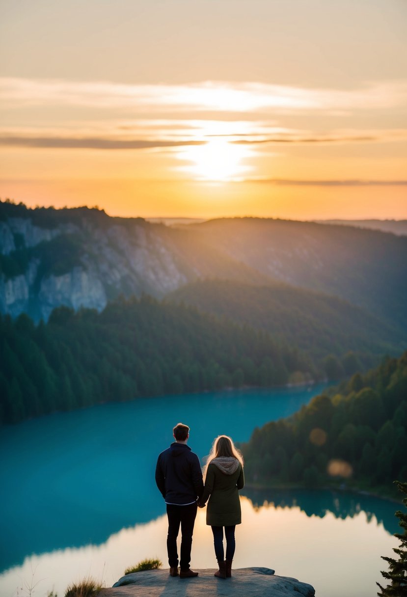 A couple stands on a cliff overlooking a serene lake as the sun rises, casting a warm glow over the picturesque landscape