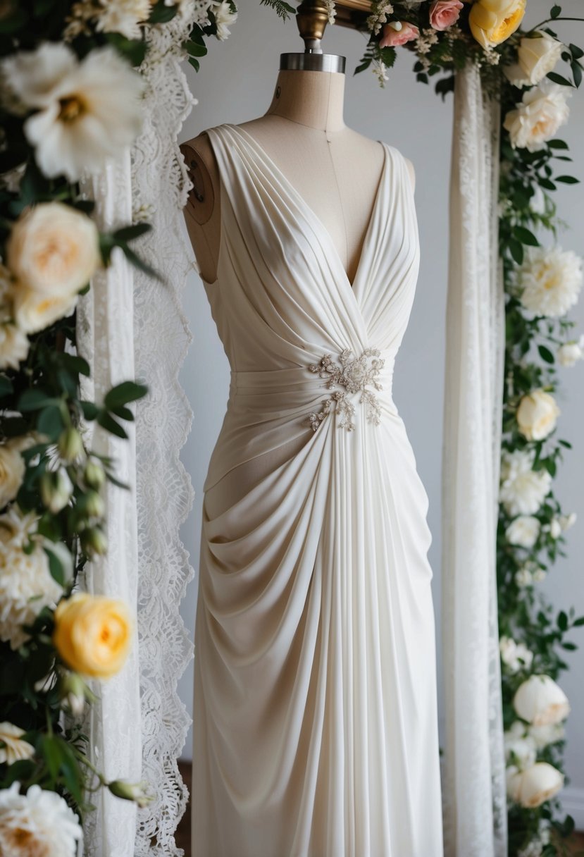 A Grecian-style draped dress hangs on a vintage mannequin, surrounded by delicate lace and floral embellishments