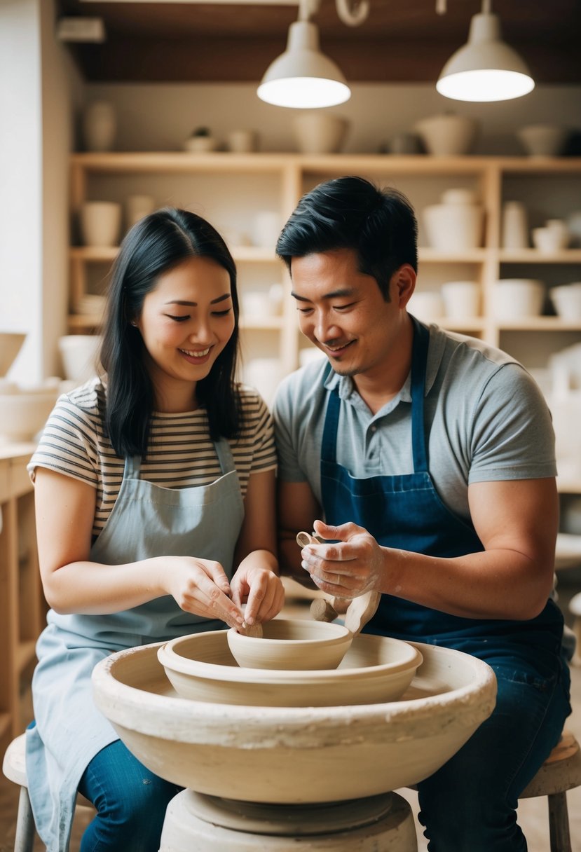 A couple sits at a pottery wheel, shaping clay together. The room is filled with the sound of spinning wheels and the smell of wet clay. The partner pulls out a ring and proposes, creating a memorable moment