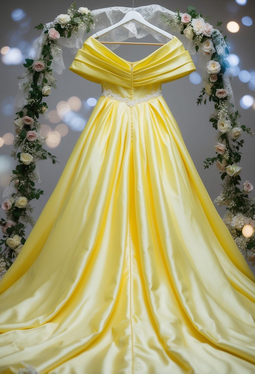 A flowing yellow off-shoulder wedding dress draped on a hanger, surrounded by delicate lace and floral accents