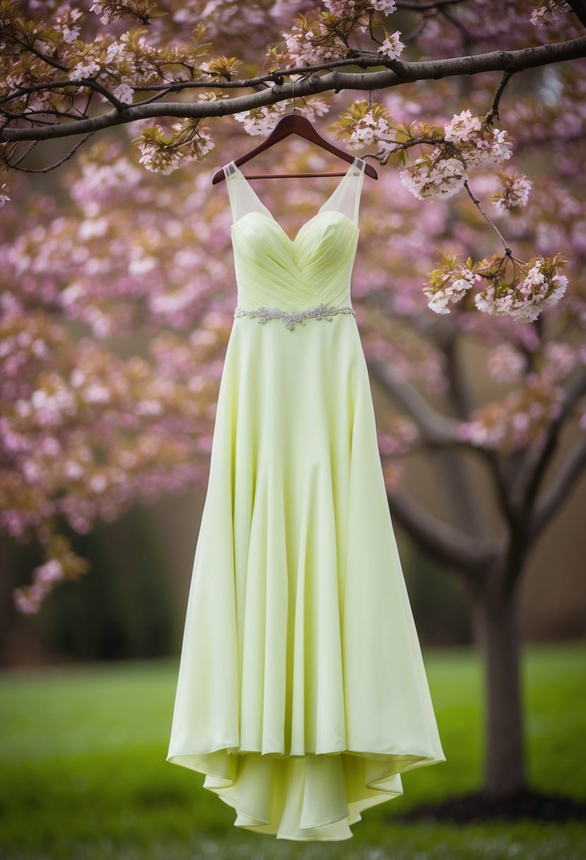 A chartreuse spring wedding dress hanging from a blooming tree branch