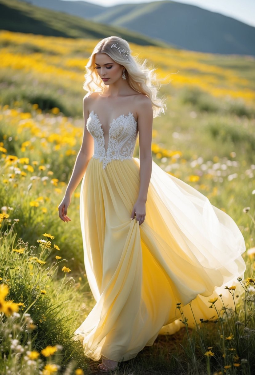 A blonde ethereal wave in a flowing yellow wedding dress, surrounded by sunlit meadows and wildflowers