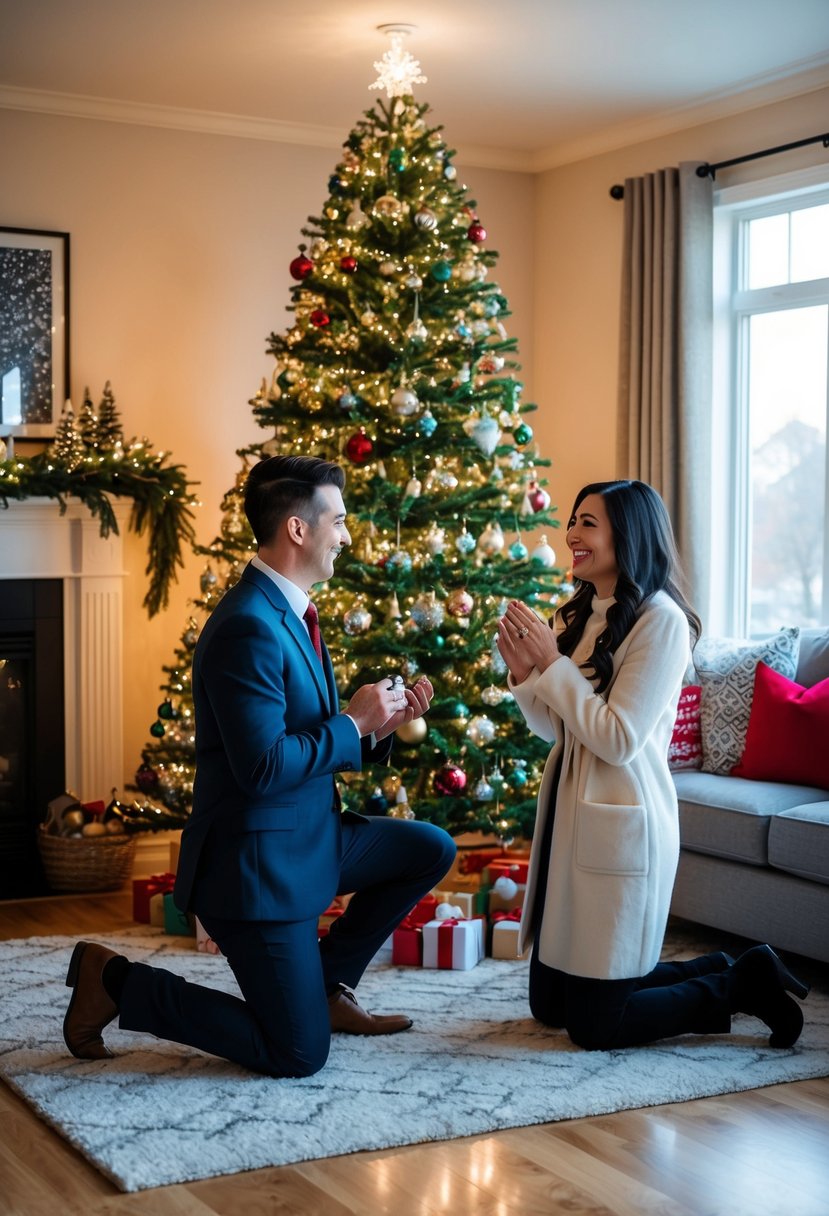 A cozy living room with a twinkling Christmas tree surrounded by ornaments and lights. A person kneels with a ring, while their partner looks on in surprise and joy