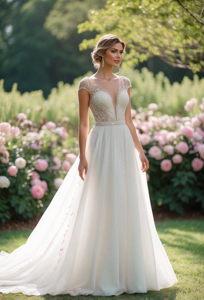 A flowing white gown with delicate lace and intricate beading, set against a backdrop of lush greenery and blooming flowers