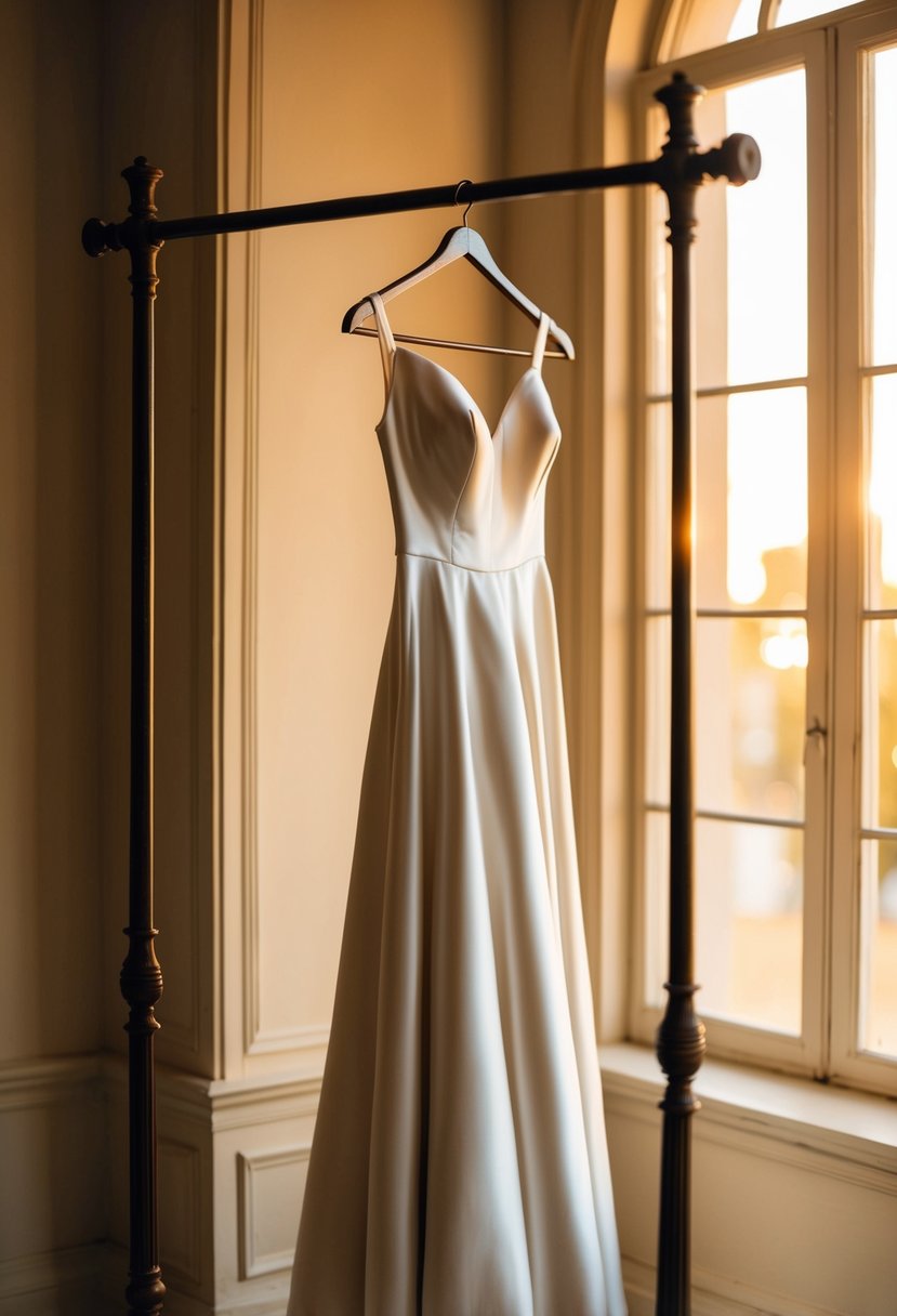 A soft, flowing satin gown hangs from a vintage coat rack, bathed in warm, golden light from a nearby window