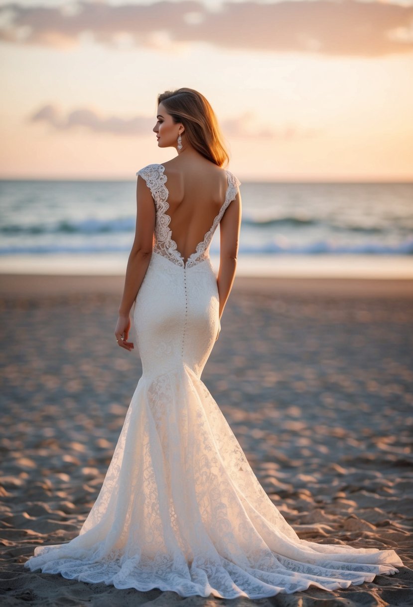 A lace mermaid dress with a flowing train, set against a romantic beach sunset